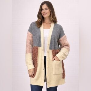Anthropologie Colorblock Faux Fur Cardigan Sweater Size M Cozy Boho